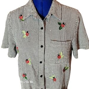 The Quaker Factory Ladybug Black White Check Shortsleeve Blouse Women's Large